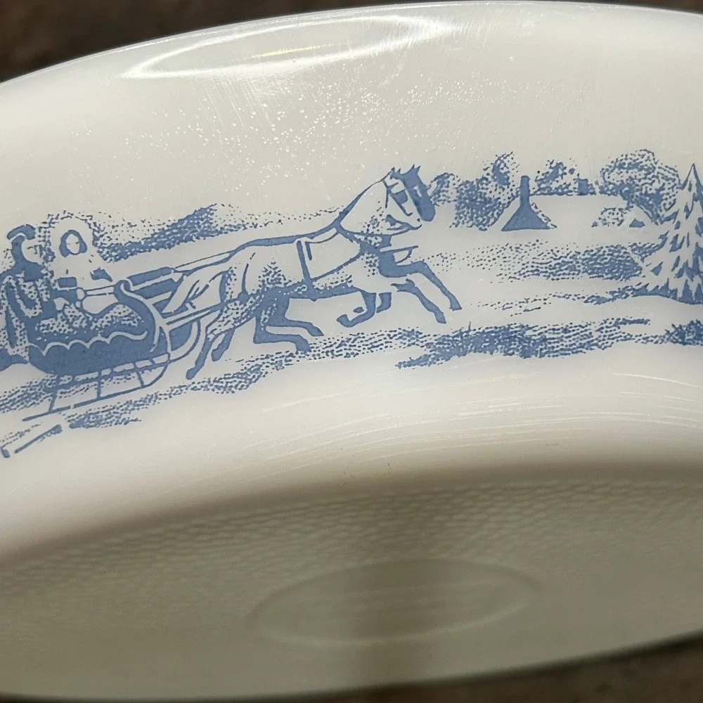 Glasbake Currier & Ives Blue Sleigh Milk Glass Divided Serving Dish Oval Cozy